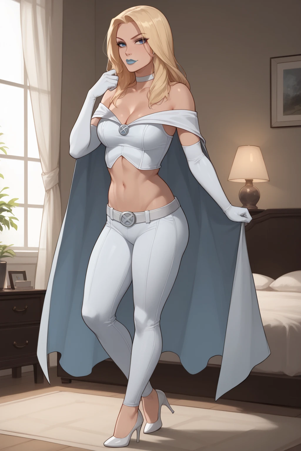 source_cartoon, score_9, score_8_up, score_7_up, score_6_up, ((zPDXL2)), (perfect anatomy) BREAK emma frost, long hair, blonde hair, blue eyes, solo, raised eyebrow, flirting, ((looking at viewer)), lipstick, makeup, choker, bare shoulders, midriff, cape, elbow gloves, belt, pants, heels, medium breasts, plump ass, curvy, toned, athletic, thigh gap, standing, arms raised, in bedroom, indoors