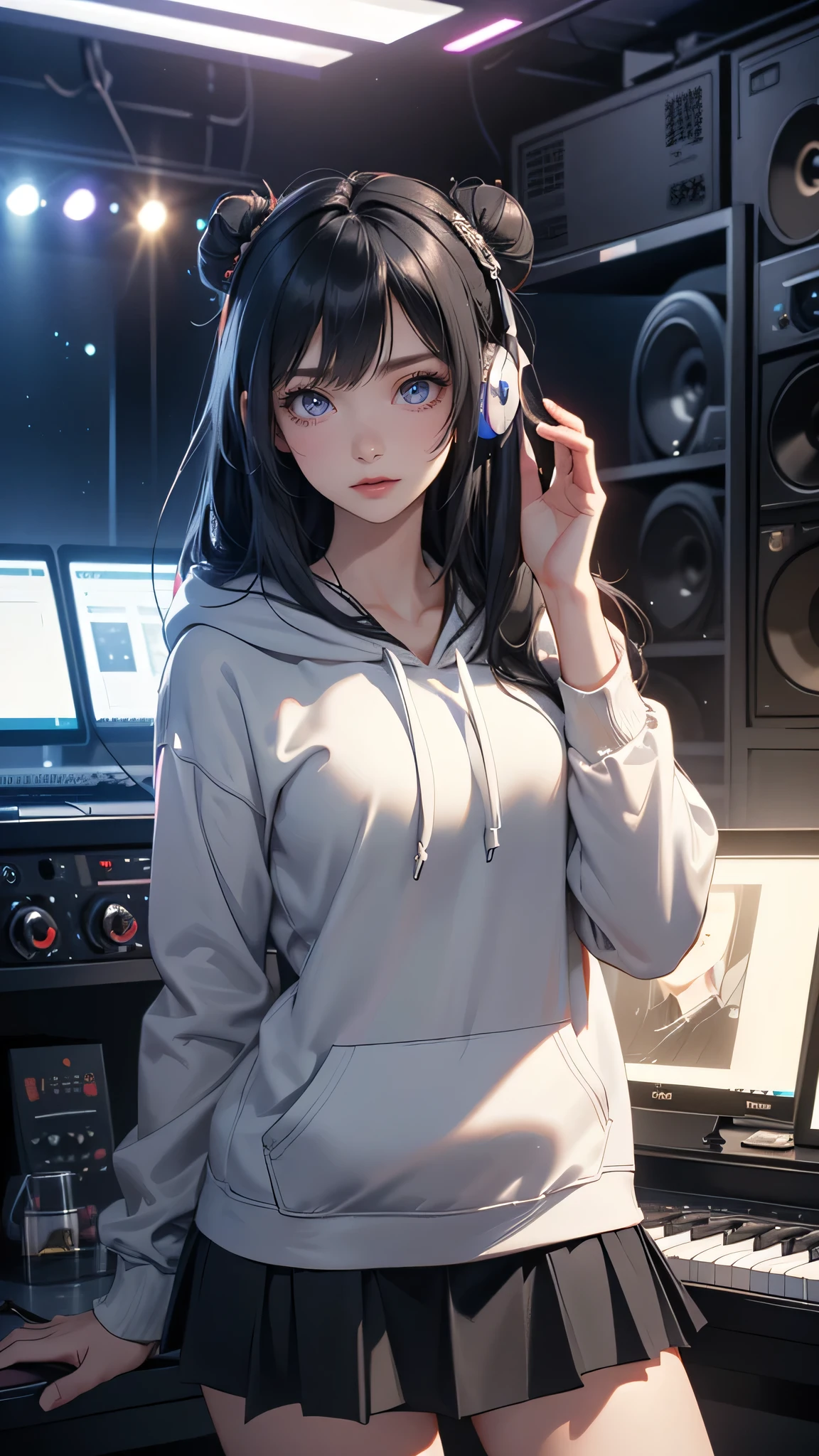 (random porn pose),(Highest image quality,(8k),ultra-realistic,best quality, ((Long black hair, Twin bun, Headphone)), high quality, high definition, high quality texture,high detail,beautiful detailed,fine detailed,extremely detailed cg,detailed texture,a realistic representation of the face,masterpiece,Sense of presence), ((Hoodie, skirt, Studio Radio)),
