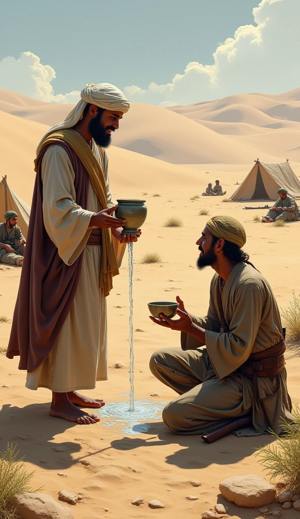 create an image of a 40 year old man, dressed in a tunic, on his knees in the desert, arms open, head bowed and at his side a man standing dressed in white linen, with a wide golden belt, similar to Jesus, his face shines like the midday sun, his feet look like bronze, his hair is white like wool, he is pouring oil with his hands on the head of the kneeling man, prophet's anointing oil, the sun shining on the horizon, and a small river run to the bottom, image realistic, image in hd, 