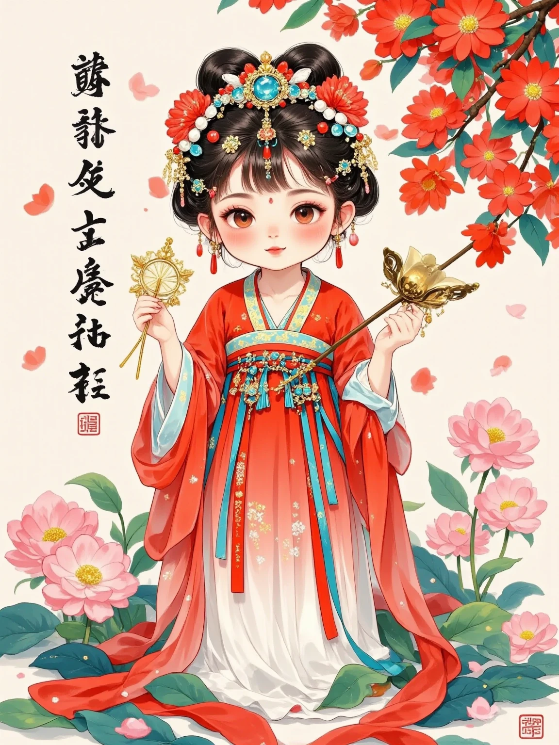 Watercolor, large surface blending, gradient, fairy tale illustration, solid color background, cute, mature, Chinese style, gorgeous, elegant, full of creativity, temptation, chivalric girl, sexy, charming, full body portrait, minimalist, unified overall tone, art , Premium, Poster Design