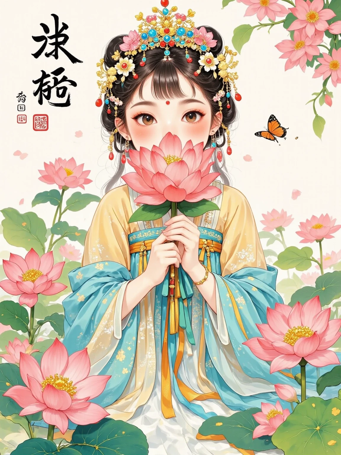 Watercolor, large surface blending, gradient, fairy tale illustration, solid color background, cute, mature, Chinese style, gorgeous, elegant, full of creativity, temptation, chivalric girl, sexy, charming, full body portrait, minimalist, unified overall tone, art , Premium, Poster Design