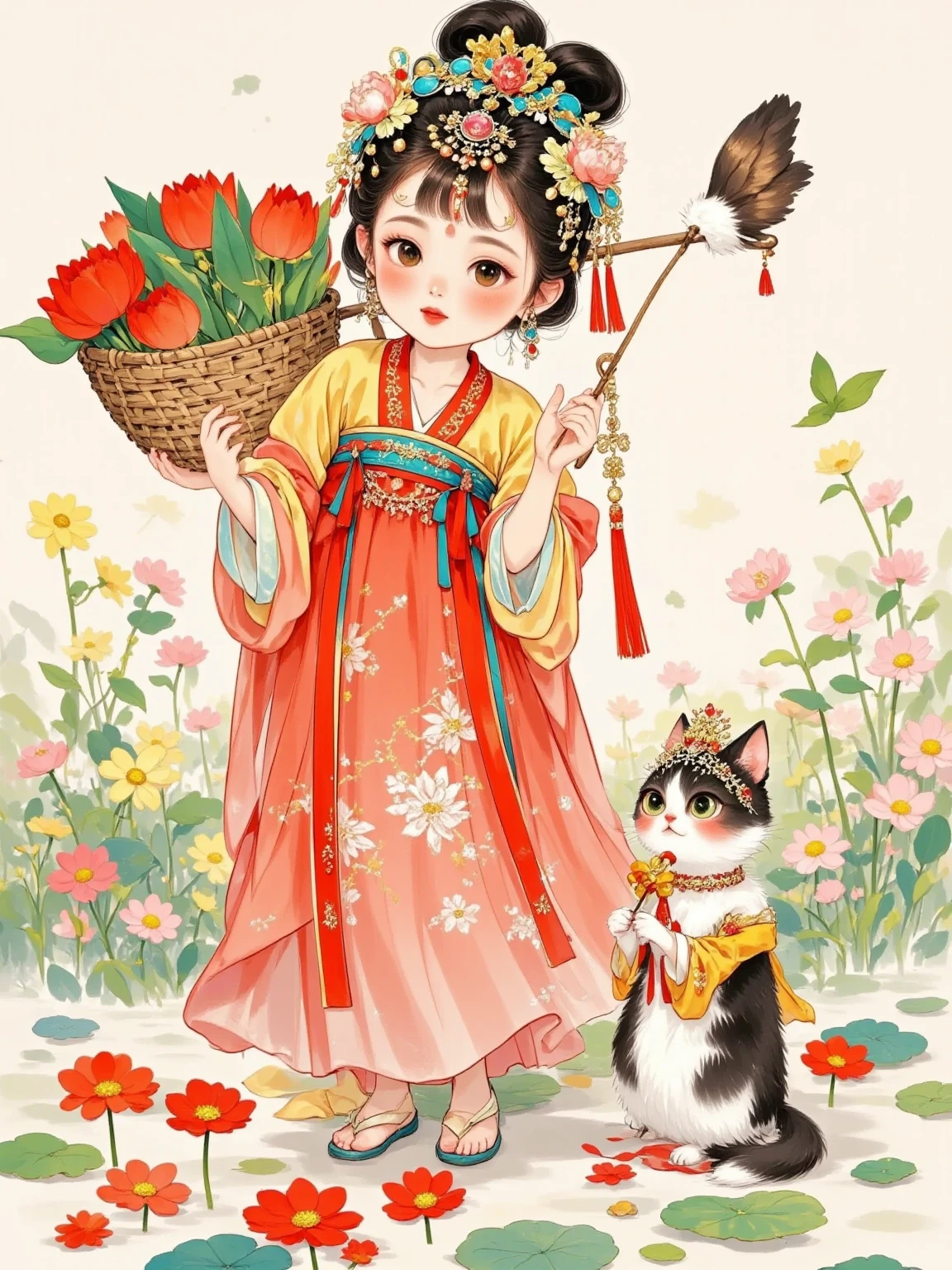 Watercolor, large surface blending, gradient, fairy tale illustration, solid color background, cute, mature, Chinese style, gorgeous, elegant, full of creativity, temptation, chivalric girl, sexy, charming, full body portrait, minimalist, unified overall tone, art , Premium, Poster Design