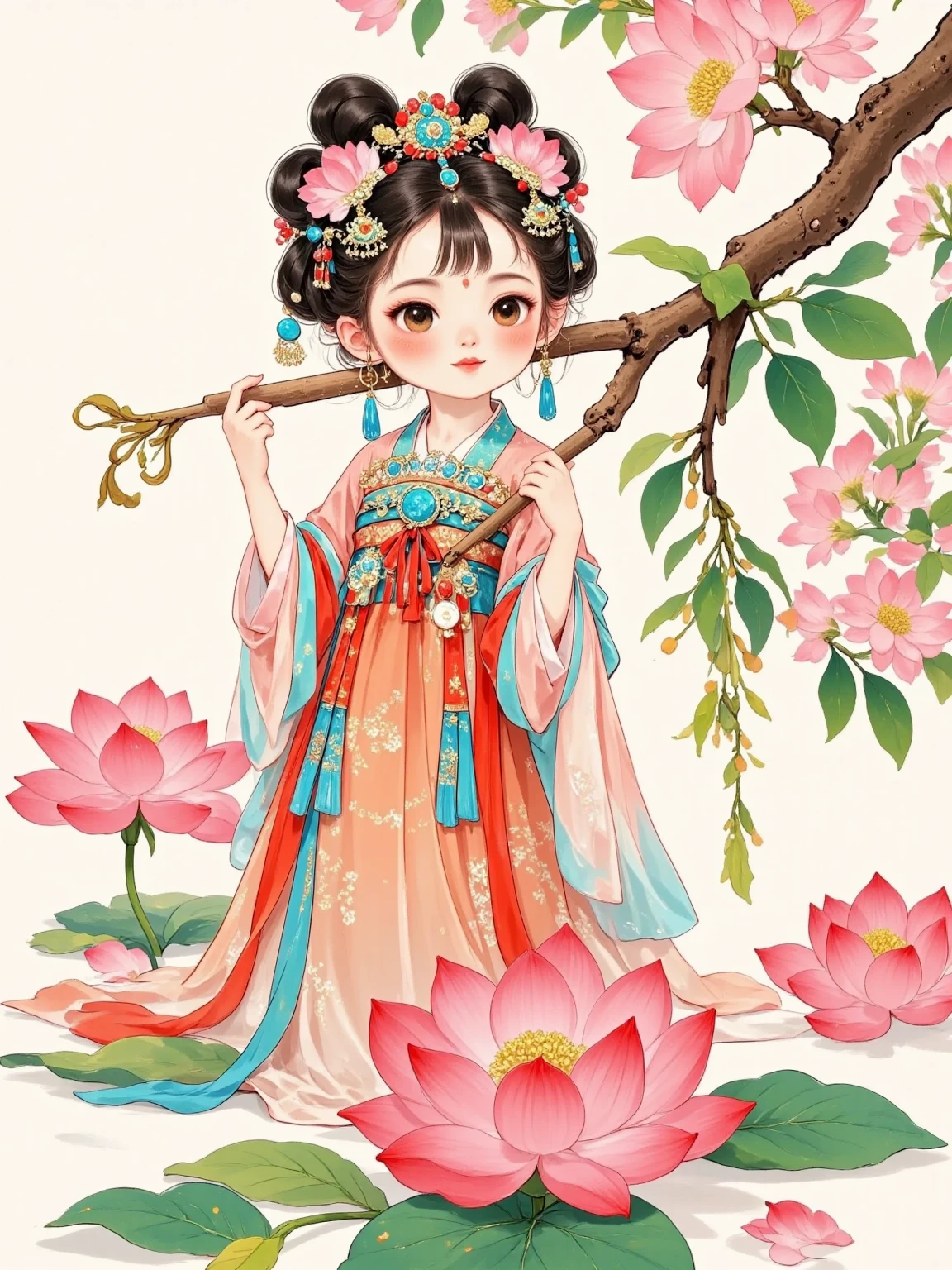 Watercolor, large surface blending, gradient, fairy tale illustration, solid color background, cute, mature, Chinese style, gorgeous, elegant, full of creativity, temptation, chivalric girl, sexy, charming, full body portrait, minimalist, unified overall tone, art , Premium, Poster Design