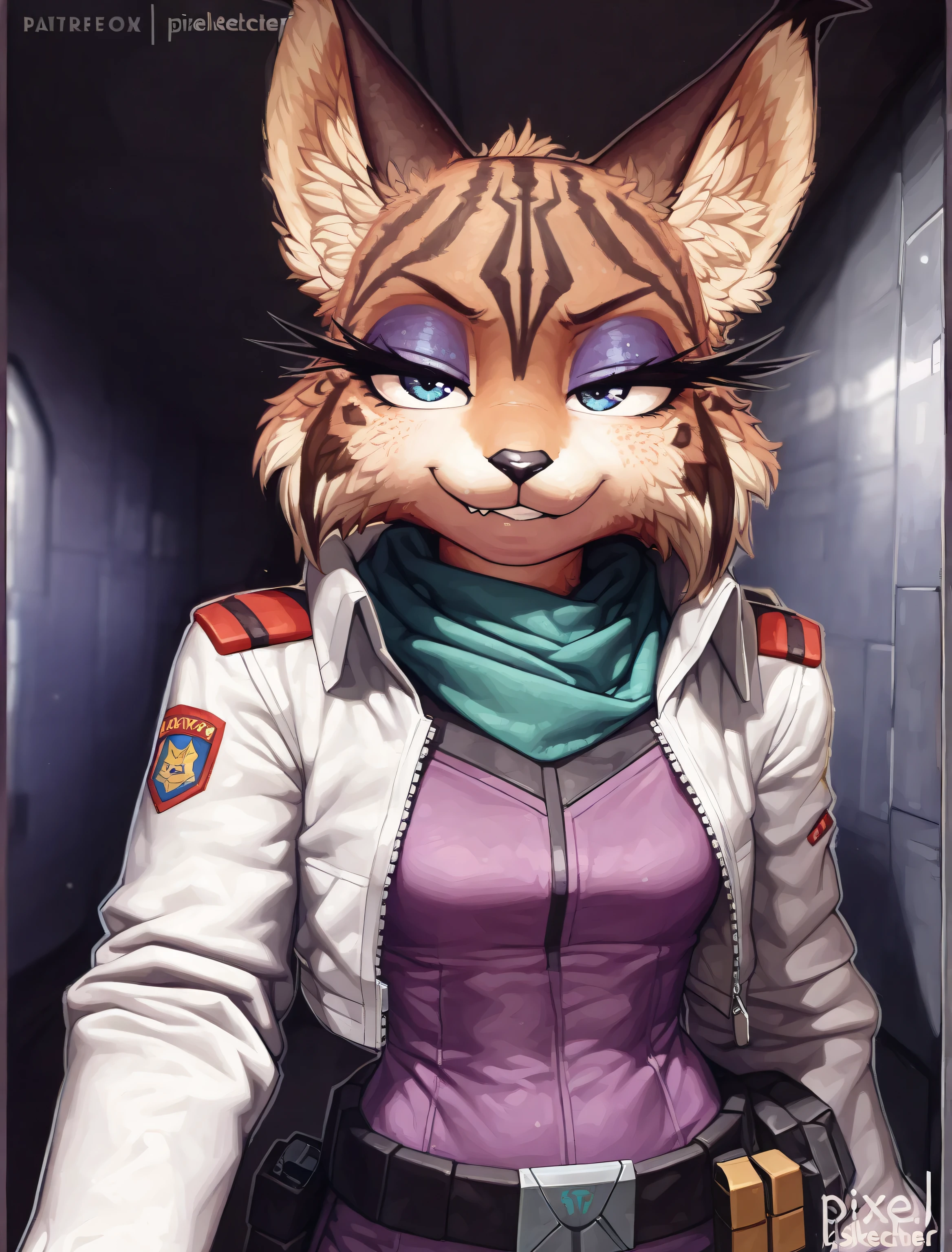 ((Miyu Lynx)), ((Starfox)), ((pixelsketcher)), ((masterpiece)), ((high resolution)), ((cartoon style)), ((solo portrait)) {(attractive figure), (toned body), (slim waist), (brown fur), (lynx pattern stripes), (black nose), (long pointed lynx ears), (dark blue eyes), (half lidded eyes), (indigo eyeshadow), (long eyelashes), (smug grin), (relaxed expression)}, {(purple jumpsuit), (white jacket), (turquoise scarf), (utility belt)}, {(looking at viewer)}, ((military base))