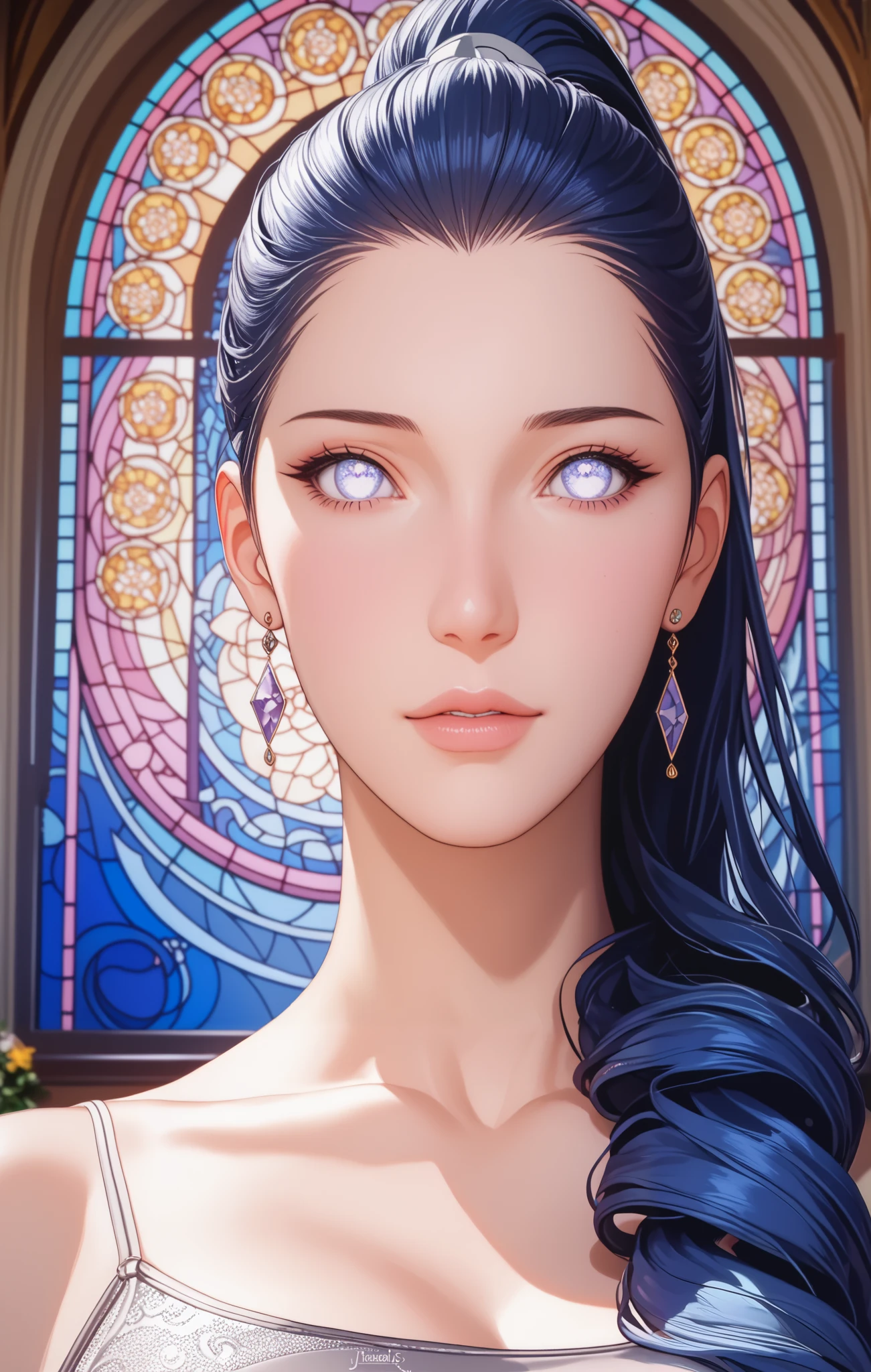 Hinata_Hyūga/Boruto, Dark Blue Hair, White Pupiless Eyes, Long hair, Alternate Side-Ponytail Hairstyle
Score_10, Score_9, Score_8_up, Score_7_up, Score_6_up, Score_5_up, Score_4_up, Source_anime, Tag1, Tag2, Quality_masterpiece, Anatomically correct, Beautiful face, Perfect face, Highly detailed beautiful face and eyes, Attractive face, Detailed face, Delicate facial features, Gigantic Breasts, Huge Hips, Wide Ass, Hourglass Model Body, (masterpiece, top quality, best quality,official art, beautiful and aesthetic:1.2),(1girl:1.3), 1girl BREAK stained glass art, colored glass, lead lines, light transmission BREAK vibrant colors, intricate designs, luminous effects, spiritual ambiance