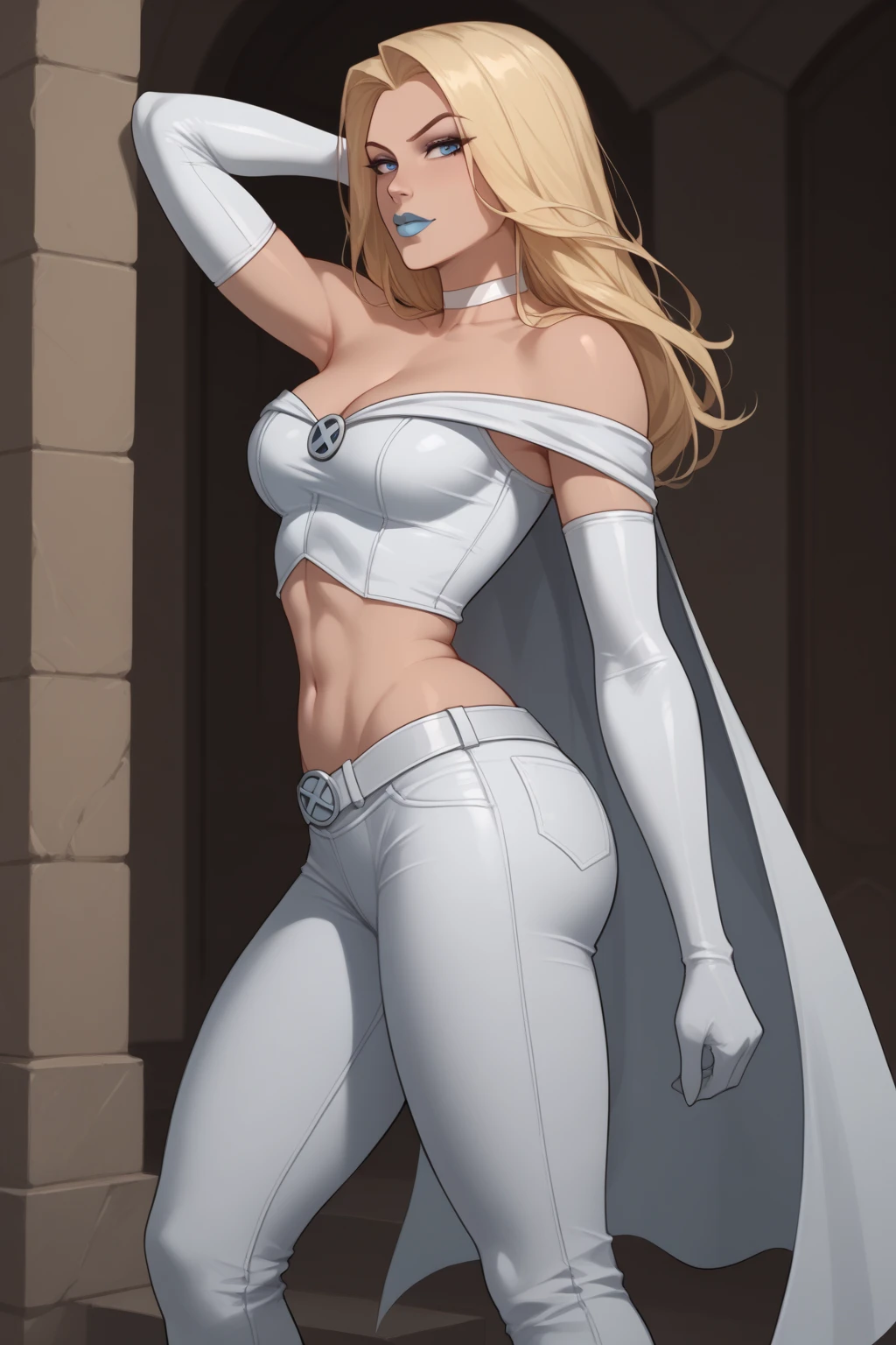 source_cartoon, score_9, score_8_up, score_7_up, score_6_up, ((zPDXL2)), (perfect anatomy) BREAK emma frost, long hair, blonde hair, blue eyes, solo, raised eyebrow, flirting, ((looking at viewer)), lipstick, makeup, choker, bare shoulders, midriff, cape, elbow gloves, belt, pants, heels, medium breasts, plump ass, curvy, toned, athletic, thigh gap, standing, arms raised, x-men dormintory