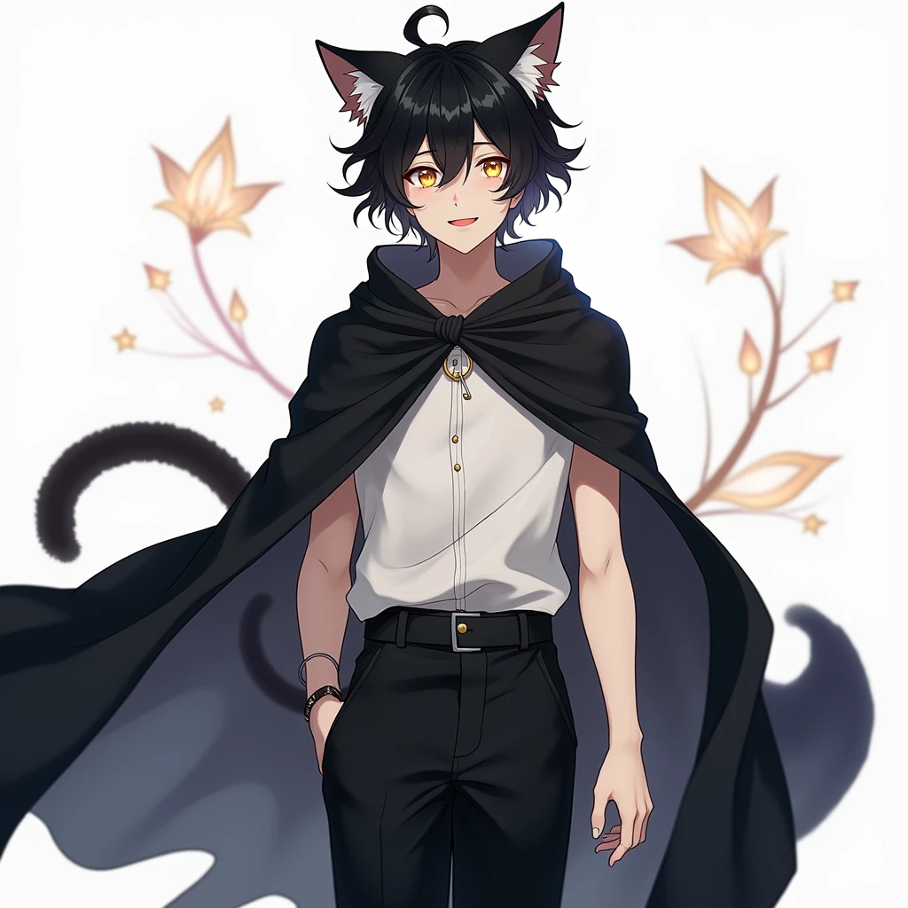 kemoshota, naked baggy one-pieced black witch robe, bloom, black cat as a familiar