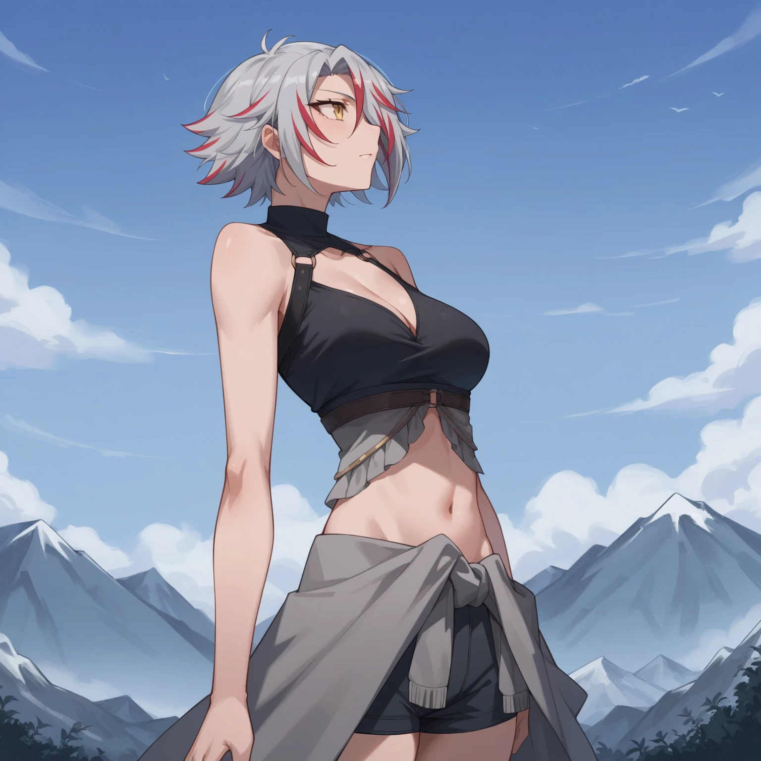 score_9,score_8_up,score_7_up,score_6_up, source_anime, zPDXL, woman, in profile,  white hair, streaked hair, hair covering one eye, black top, bare shoulders, gray waist cape, black shorts, yellow eyes, mountainside, mountainous horizon,