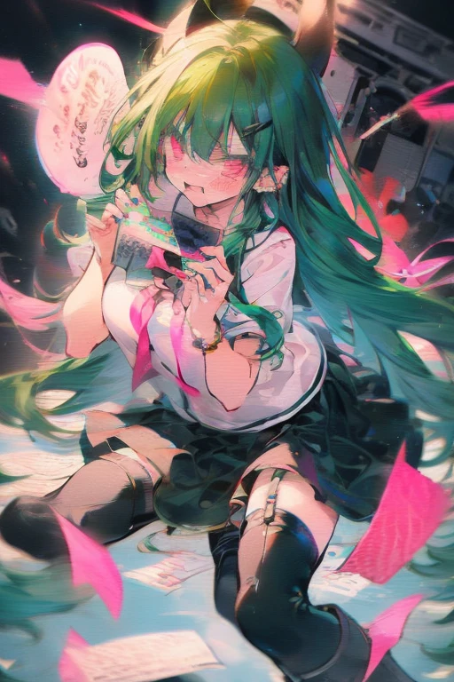 Manami, green hair, pink eyes, black seifuku, short sleeves, stockings, boots, large breasts, getting angry at her fans, holding love letters, cheeks blushing, crt tv