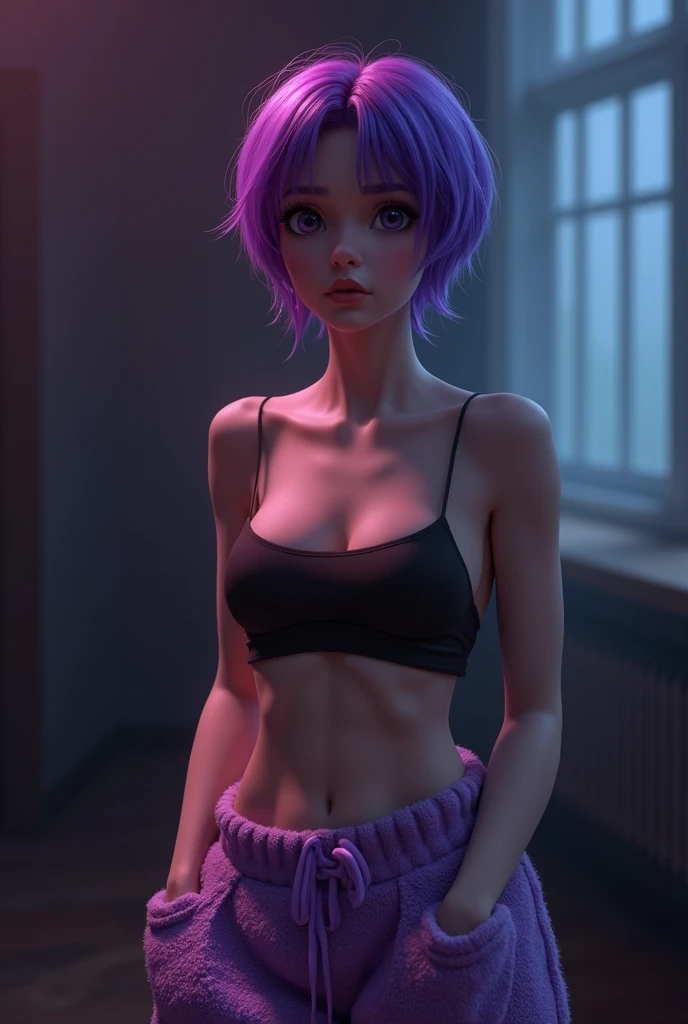 17 years, Young woman, light skin tone, short purple hair, Bright purple eyes, slender body, small breasts, stands on the threshold and looks at you, she is wearing only shorts, and the chest is bare