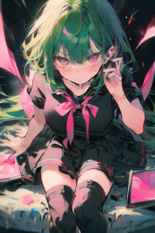 Manami, green hair, pink eyes, black seifuku, short sleeves, stockings, boots, large breasts, getting angry at her fans, holding love letters, cheeks blushing, crt tv