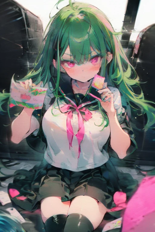 Manami, green hair, pink eyes, black seifuku, short sleeves, stockings, boots, large breasts, getting angry at her fans, holding love letters, cheeks blushing, crt tv