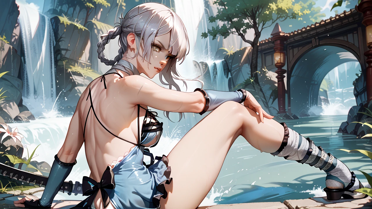   Sexy Kaine ,UHD, on a bridge,  in the background of a waterfall,  silver hair, action pose, sitting, one leg up, with a katana,