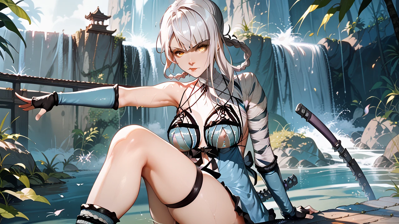   Sexy Kaine ,UHD, on a bridge,  in the background of a waterfall,  silver hair, pose sexy, sitting, one leg up,