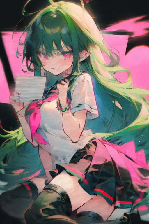 Manami, green hair, pink eyes, black seifuku, short sleeves, stockings, boots, large breasts, getting angry at her fans, holding love letters, cheeks blushing, crt tv