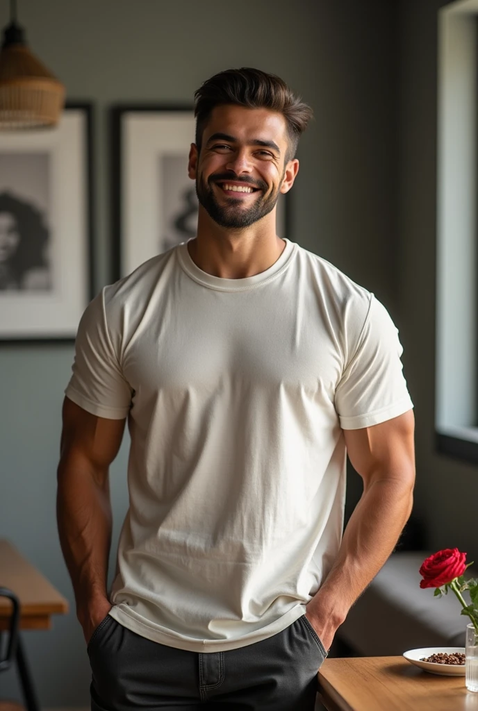 Thai man ,man ,(white t-shirt:1.5) ,Jeans ,He is about 30 years old..,Rough and handsome appearance,large breastsj,Big waistline,buzz cut, angry, sullen, best quality, Masterpiece,(Have muscles:4.5),(best quality,high resolution,Masterpiece:1.2),The eyes are natural and delicate..,1 person,alone,gay asian,muscle,Long legs,brave,short hair details,conjunctivitis ,strong,brown eyes, (standing in the kitchen:1.5),in the market,sitting on the table ,smile
