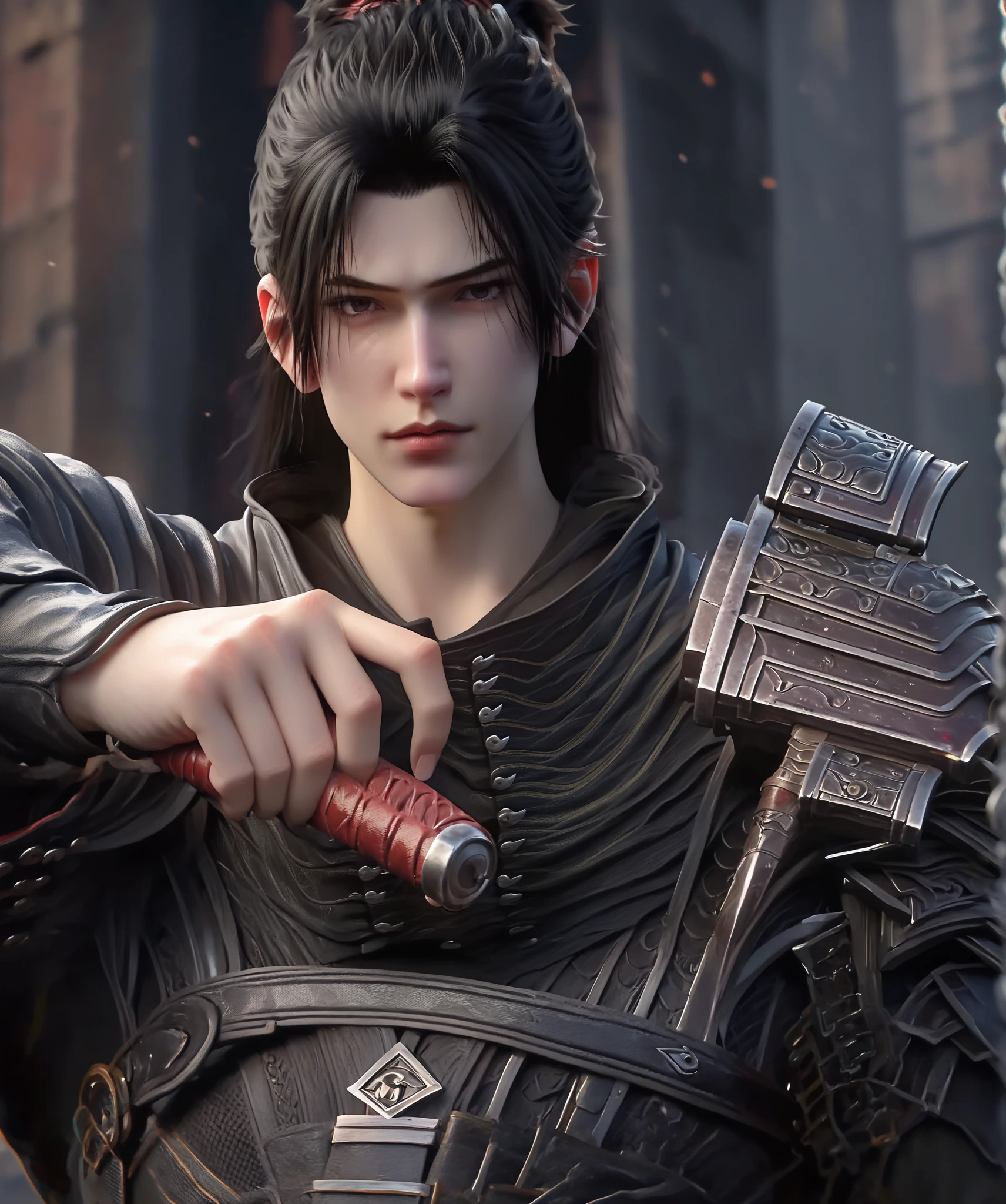  professional 3D model Sean ， has long black hair ， wears a black hunter suit ， with patterns ， holds a black stone sword in his hand ，Slash forward，Various movements （ has red extreme effects on his hands ：1.1），whole body， extreme effects in red around his body， close-up of Sean ， black eyes， Octane rendering， Highly Detailed ，Large volume， Dramatic Lighting 