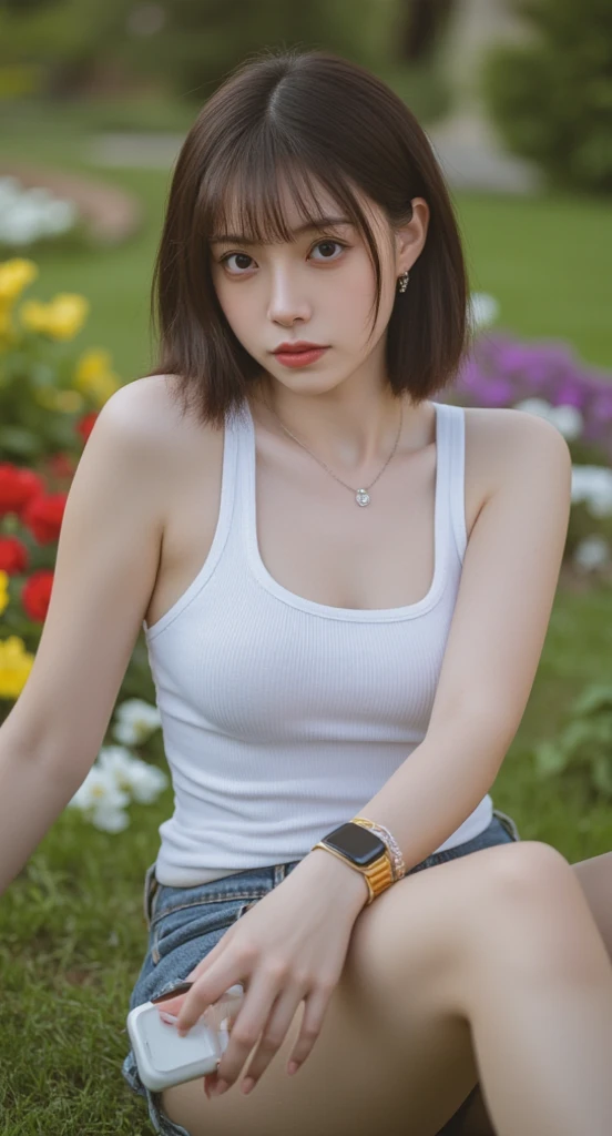 (Masterpiece: 1.2, Best Quality), Realistic, (Realistic Picture, Complex Details, Depth of Field), Best Quality, Masterpiece, Highly Detailed, Realistic, 1 Girl, Mature Female, 25 Years Old, highlight brown Hair, Shoulder length Hair with two-parted bangs, sitting outside a flower garden, sitting on the grass, wearing casual outfit with tank top, chest out, big chest, huge breasts, thin lips, full body photo view, looking at the camera, diamond necklace, earrings, apple watch, gold bracelet, naughty smile