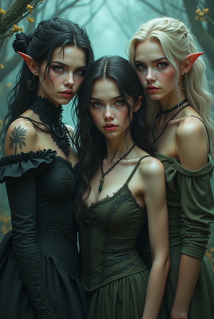 Three beautiful, hot, sexy dark elves, with long straight black hair with bangs, pale silky skin (made up), beautiful blue eyes, beautiful lips (black lipstick), wearing gothic earrings, spike tiaras with funeral flowers, smiling (showing teeth ), with bat wings behind their heads, wearing beautiful low-cut black gothic elven dresses made of pure silk, surrounded by funereal flowers and small flying insects, and in the background, bats and dragonflies flying around and under their heads, beautiful dark elves hyper-realistic, photorealistic adorned dark elves, beautiful dark elves with intricate details.