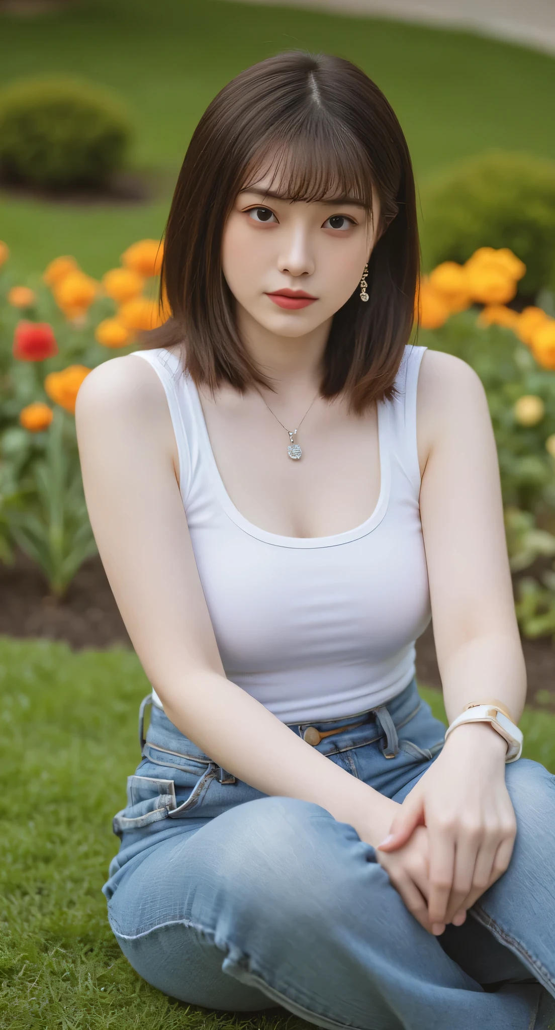 (Masterpiece: 1.2, Best Quality), Realistic, (Realistic Picture, Complex Details, Depth of Field), Best Quality, Masterpiece, Highly Detailed, Realistic, 1 Girl, Mature Female, 25 Years Old, highlight brown Hair, Shoulder length Hair with two-parted bangs, sitting outside a flower garden, sitting on the grass, wearing casual outfit with tank top, chest out, big chest, huge breasts, thin lips, full body photo view, looking at the camera, diamond necklace, earrings, apple watch, gold bracelet, naughty smile