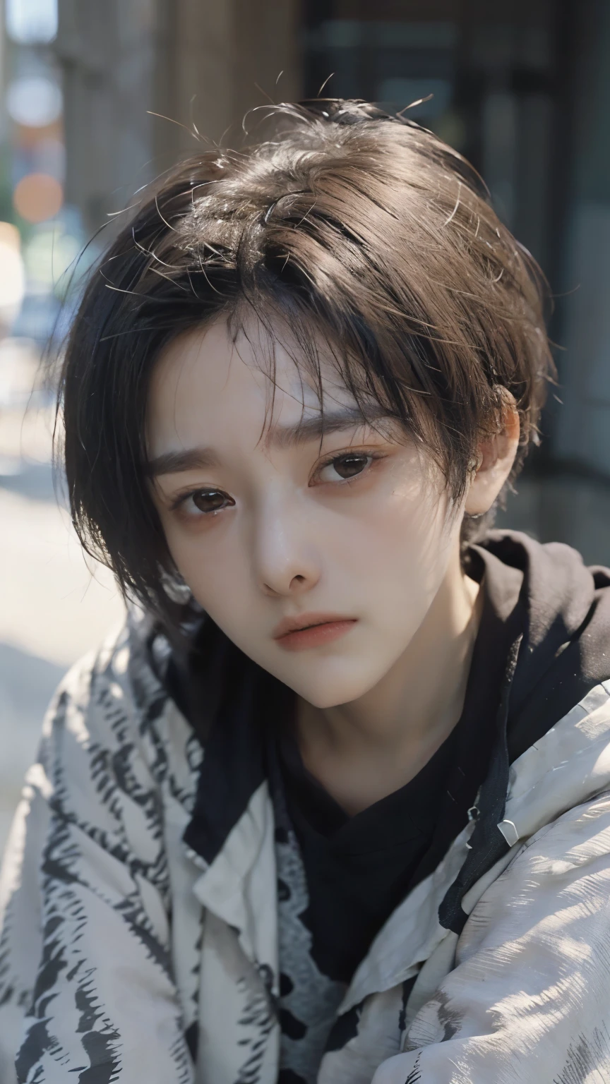  one girl, Alone, androgynous、 short hair 、 boyish 、 Black Clothes 、Droopy eyes、Fatigue、 white skin、 beauty、middle aged,  japanese women、 very short hair 　 Thin and thin eyebrows 　 black hoodie