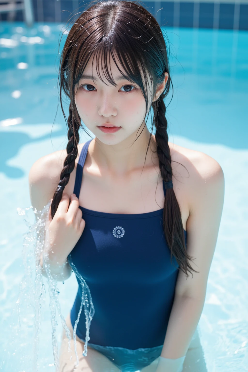 High resolution, best quality,
Realistic photos, amazingly fine details,
Photos taken by amateurs with super telephoto lenses,
Blurred background,
Full body photos,

A very young and beautiful Japanese girl,
She has a young face,
She is an ,
She is short,
She is having fun in her school swimsuit,
The school swimsuit is a navy blue, plain one-piece with a thin fabric,
She is completely soaked,
Water dripping from her hair,
Water splashes, water dripping, summer waves,
She is very tanned,
The swimsuit has slipped and her pure white skin is showing,
Braids, 
She has freckles,
Public pool during the day, Strong midsummer sunlight,
The water surface is sparkling,
g1ass_sh33t,
(NSFW:0.5), 