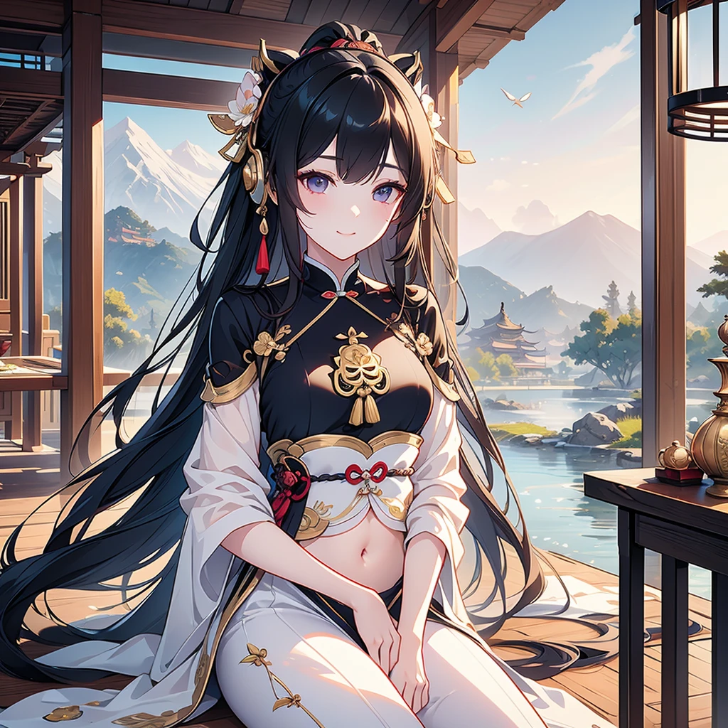 solo, 1 beautiful girl wearing chinese fantasy clothes, sitting pose, stunning beautyfull fantasy world background, panorama view