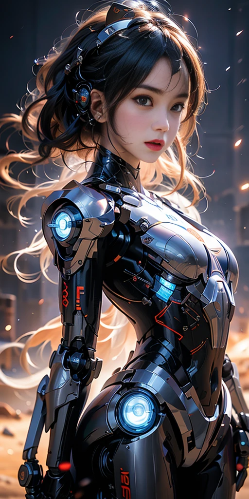 masterpiece, best quality,
1girl, solo, long hair, photorealistic, 
(finely detailed beautiful eyes: 1.2),open clothes, glowing eyes, shiny hair, lustrous skin,((1 life-like robot)), metal construction, wires and cables, (glowing eyes), (mechanical arms), science fiction,(large mecha arm),cowboy shot, energy tank,