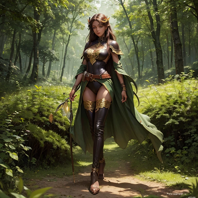 Dark Skin,   Beautiful Girl with Attention to Details , Reddish golden brown hair, length,  not wearing pants , Perfect green eye detail,  delicate, symmetrical, realistic and beautiful face, (Magical forest background),  Ranger Costume Leather Armor,  fairy , Wild flowers blend into the hair ,  full body, Masterpiece,  That&#39;s ridiculous., details, Wide range of colors,  dramatic lighting,  very detailed,  Cinematic Lights, Big Breasts､ clevis on a stone､Thick Ass､ see-through､