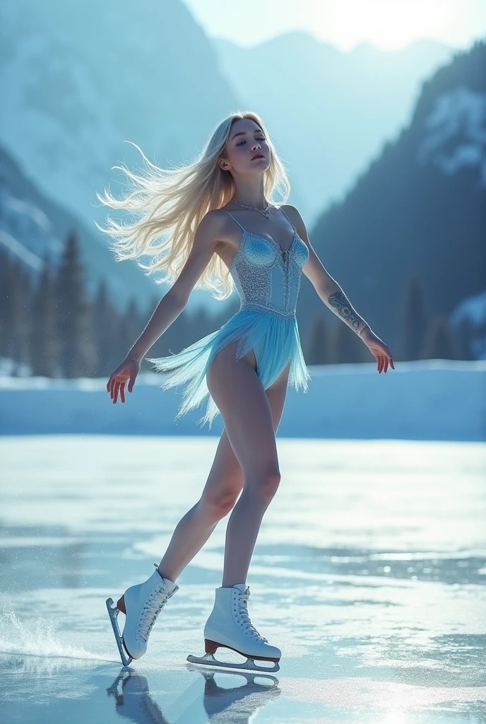 1 girl, skating on frozen lake, photorealistic, highly detailed, beautiful detailed eyes, beautiful detailed lips, extremely detailed face and skin, intricate ice crystals, snowflakes, cold winter landscape, (best quality,8k,highres,masterpiece:1.2),ultra-detailed,(realistic,photorealistic,photo-realistic:1.37),HDR,studio lighting,sharp focus,physically-based rendering,vivid colors,natural lighting