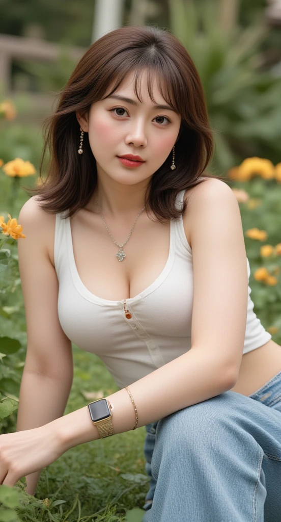 (Masterpiece: 1.2, Best Quality), Realistic, (Realistic Picture, Complex Details, Depth of Field), Best Quality, Masterpiece, Highly Detailed, Realistic, 1 Girl, Mature Female, 25 Years Old, highlight brown Hair, Shoulder length Hair with two-parted bangs, sitting outside a flower garden, sitting on the grass, wearing t-shirt under tank top, chest out, big chest, huge breasts, thin lips, full body photo view, looking at the camera, diamond necklace, earrings, apple watch, gold bracelet, naughty smile