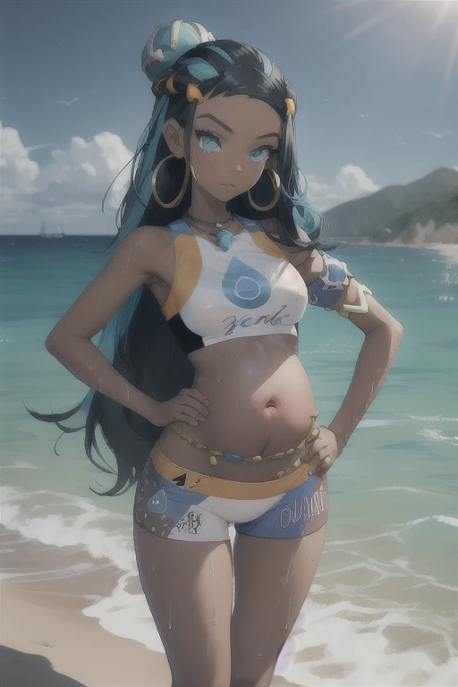 masterpiece, best quality, 1 pregnant girl, nessa, black hair, blue hair,  long hair,  multicolored hair, blue eyes, blue hair,dark skin, single hair bun,  armlet, belly chain, bikini, crop top, shorts, full body, single glove, hand on hip,  hoop earrings, necklace, looking at viewer, midriff,  navel, third trimester of pregnancy,  solo, standing, sky, water, wet, sea 