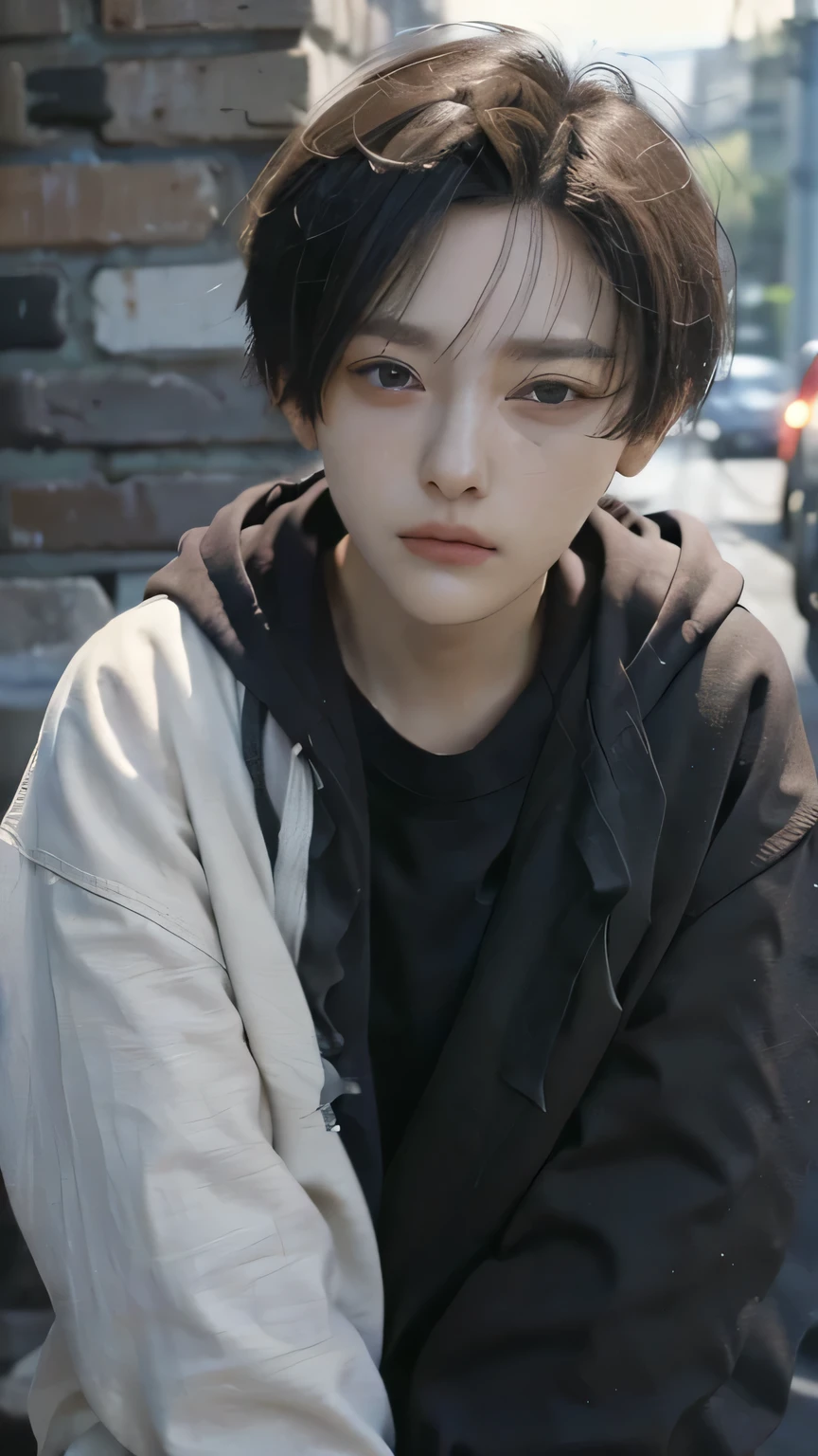 one girl, Alone, androgynous、 short hair 、 boyish 、 Black Clothes 、Droopy eyes、Fatigue、 white skin、 beauty、middle aged, japanese women、 very short hair Thin and thin eyebrows black hoodie