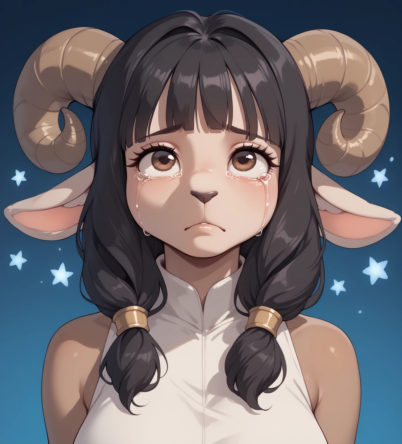 (solo) female anthro sheep furry, hair locs, loc black hair, blunt bangs, locs in pigtails, full bangs, hair coving sides of face, fuzzy sheep furry, brown sheep skin, big horns, large sized breasts, pale brown eyes, big lashes,  sheep ears, cute sheep nose, sad expression, sad look on face, tears, simple background, Looking at stars, looking up, High Resolution, crying 