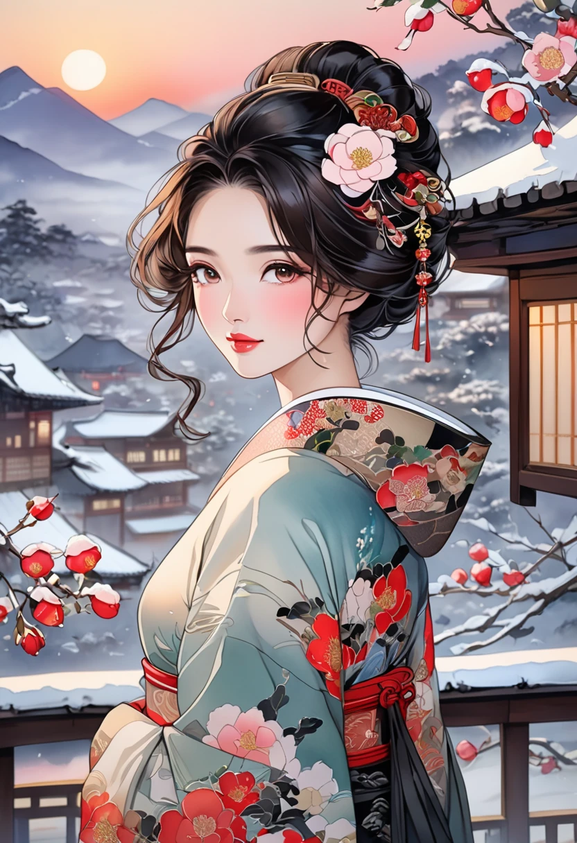  A fusion of ink painting and watercolor painting、A woman with a beautiful oriental face、shiny bright brown-black hair、Camellia Inn、At dusk、white snow scenes、 best quality、masterpiece、