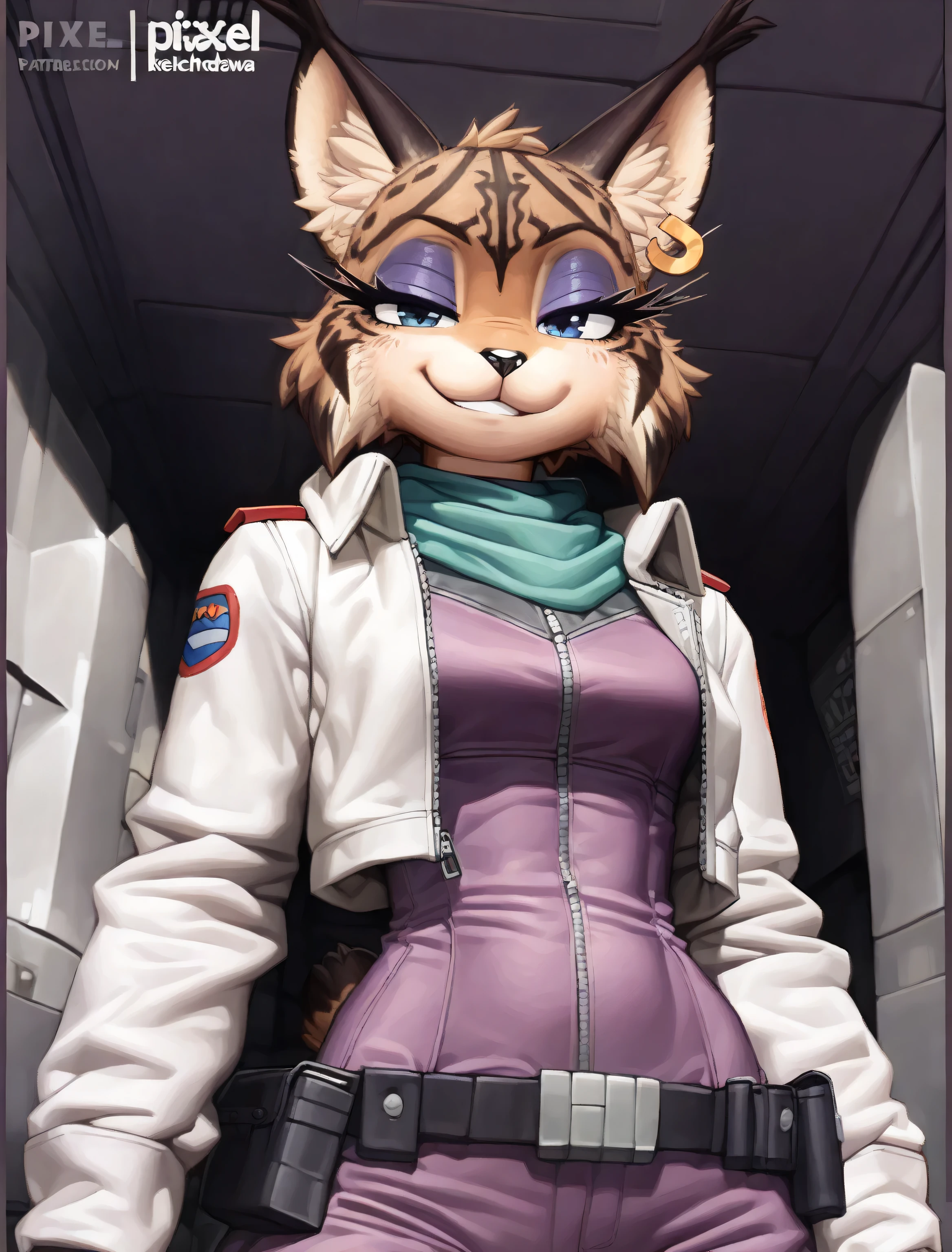 ((Miyu Lynx)), ((Starfox)), ((pixelsketcher)), ((wamudraws)), ((masterpiece)), ((high resolution)), ((cartoon style)), ((solo portrait)) {(attractive figure), (toned body), (slim waist), (brown fur), (lynx pattern stripes), (black nose), (long pointed lynx ears), (dark blue eyes), (half lidded eyes), (indigo eyeshadow), (long eyelashes), (smug grin), (relaxed expression)}, {(purple jumpsuit), (white jacket), (turquoise scarf), (utility belt)}, {(looking at viewer)}, ((military base))