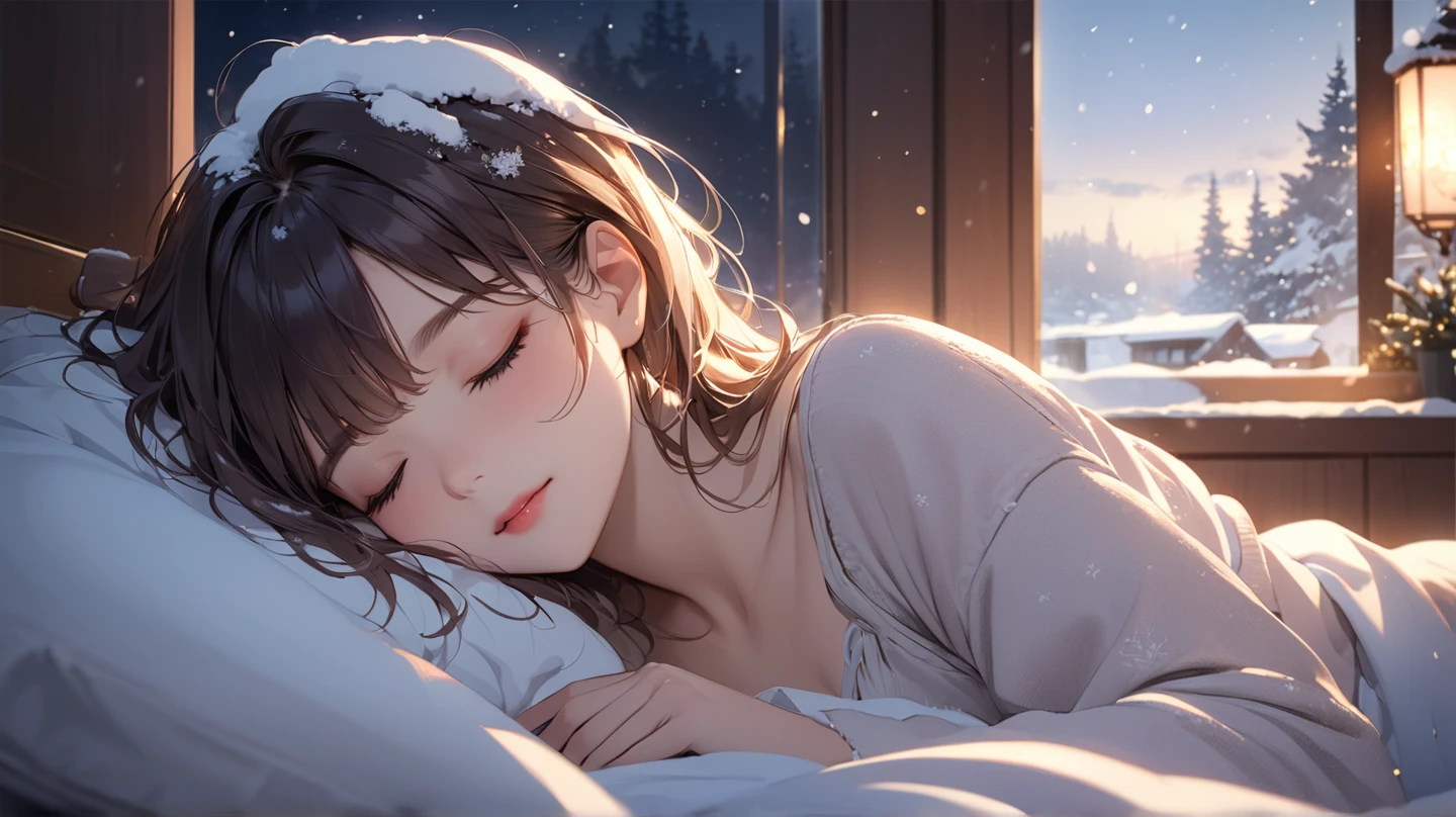 ((Top Quality)), ((Masterpiece)), ((Details), snowy window, snowy night, woman lying in bed, woman sleeping