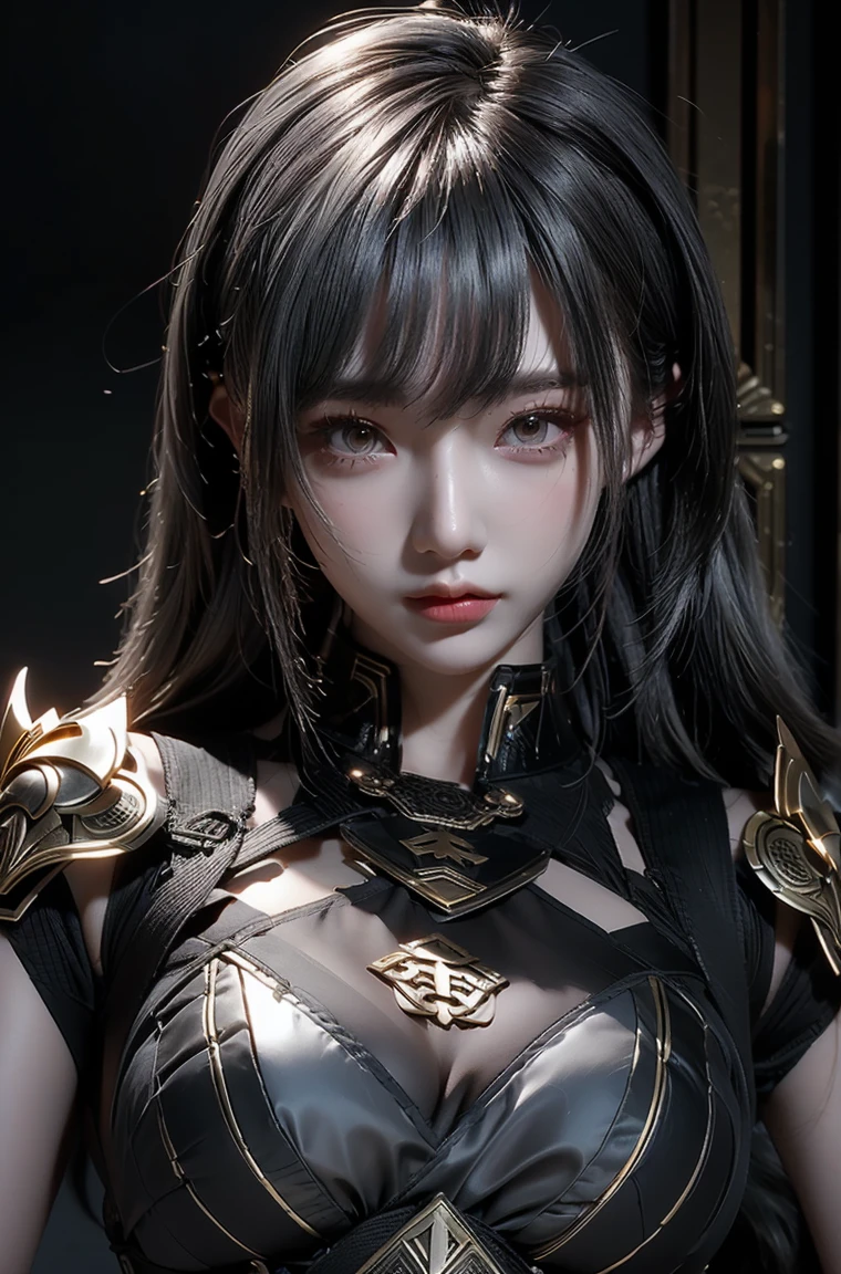upper body, 1man, depth of field, official art, unity 8k wallpaper, ultra detailed, illustration, beautiful and aesthetic, masterpiece, best quality, knight, (big breasts), (milf, mature female), (black armor, armor, breastplate), beautiful face, (long hair, black hair, very straight hair:1.4, hime cut:1.4), blue eyes, cowboy shot, glowing skin, back lighting, athletic figure, muscular female, curvy, wide hips, colorful, looking at viewer, Hyperrealistic, gradient background, dark background, outline, fantasy, from the front, watercolor, traditional media, (chromatic aberration, intricate details)