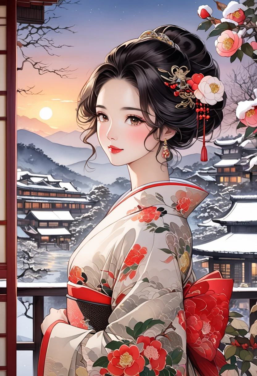  A fusion of ink painting and watercolor painting、A woman with a beautiful oriental face、shiny bright brown-black hair、Camellia Inn、At dusk、white snow scenes、 best quality、masterpiece、