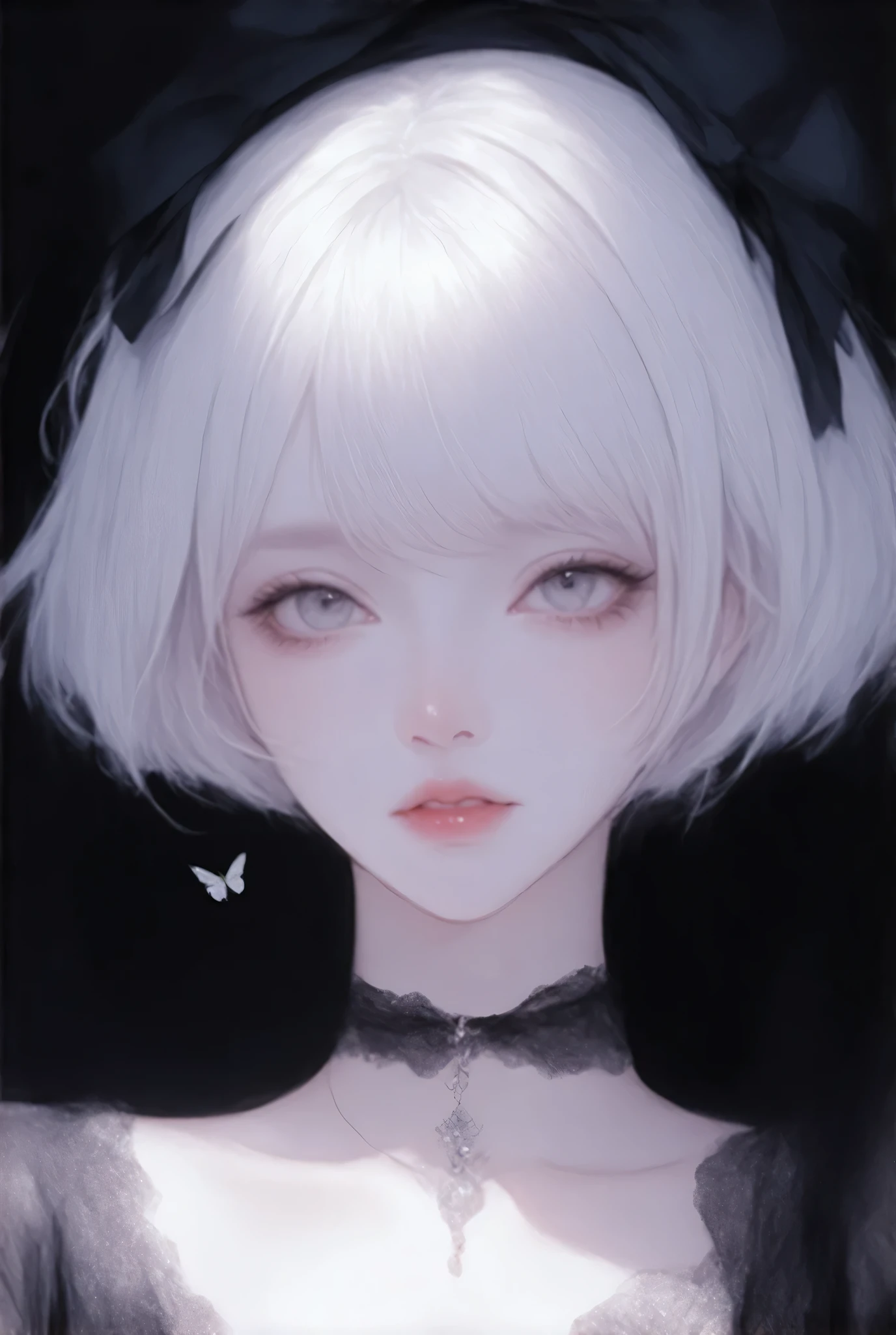 Create an image of a mysterious and ethereal female character with the following features: 
1. **Appearance**:
   - The character has a short, stylish bob haircut that is pure white.
   - Her skin is porcelain-like, giving her a doll-like appearance.
   - She has striking, luminous white eyes that seem to glow, exuding an otherworldly charm.
   - Her lips are painted a deep black, creating a bold contrast against her lighter features.
2. **Outfit**:
   - She is dressed in a stylish, tailored white jacket with intricate details, including silver buttons and a collar.
   - The outfit should incorporate playful elements like bows, specifically a large bow perched on the top of her head.
   - She wears accessories such as a choker with a small charm, and additional decorations like black ribbons and butterfly motifs adorning her clothing.
3. **Mood and Lighting**:
   - The overall mood should be a blend of elegance and a hint of darkness, capturing a whimsical yet slightly eerie essence.
   - Use soft, diffused lighting to highlight her features and create gentle shadows that enhance her mysterious air.
   - The background should be simple and subtle, possibly a gradient from light to dark, to ensure the focus remains on the character.
4. **Style**:
   - The artwork should have a hyper-realistic, digital painting style with intricate details, particularly on the character's facial features and clothing textures.