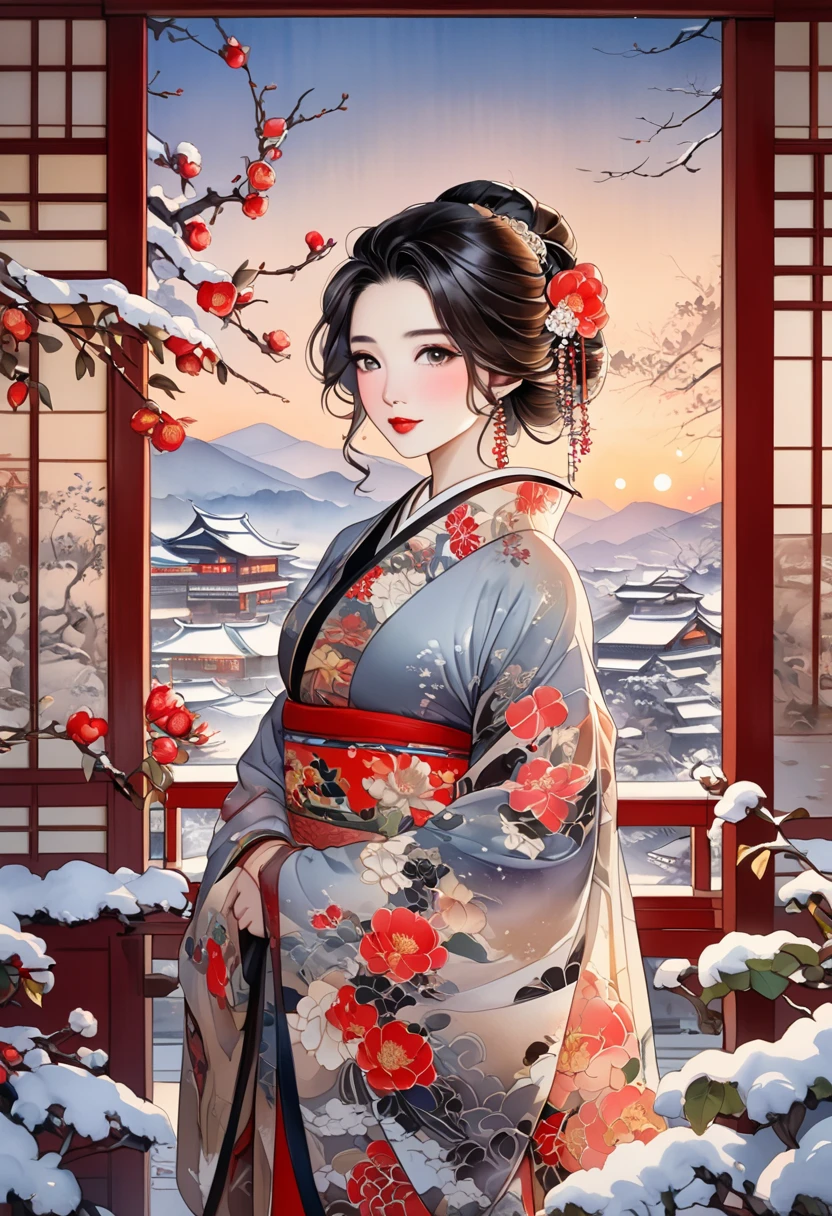  A fusion of ink painting and watercolor painting、A woman with a beautiful oriental face、shiny bright brown-black hair、Camellia Inn、At dusk、white snow scenes、 best quality、masterpiece、