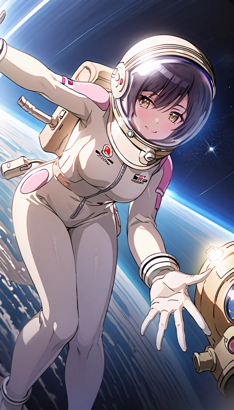 (spacesuit:1.15), white cargo pants, astronaut)bubble helmet, space helmet, white gloves, smiling, waving, looking close at the audience, bend over, outer space, floating, alone, masterpiece, best quality, 1girl, beautiful, image from below, solo, ShiraseSakuya, black hair, bangs, yellow eyes, large breasts
