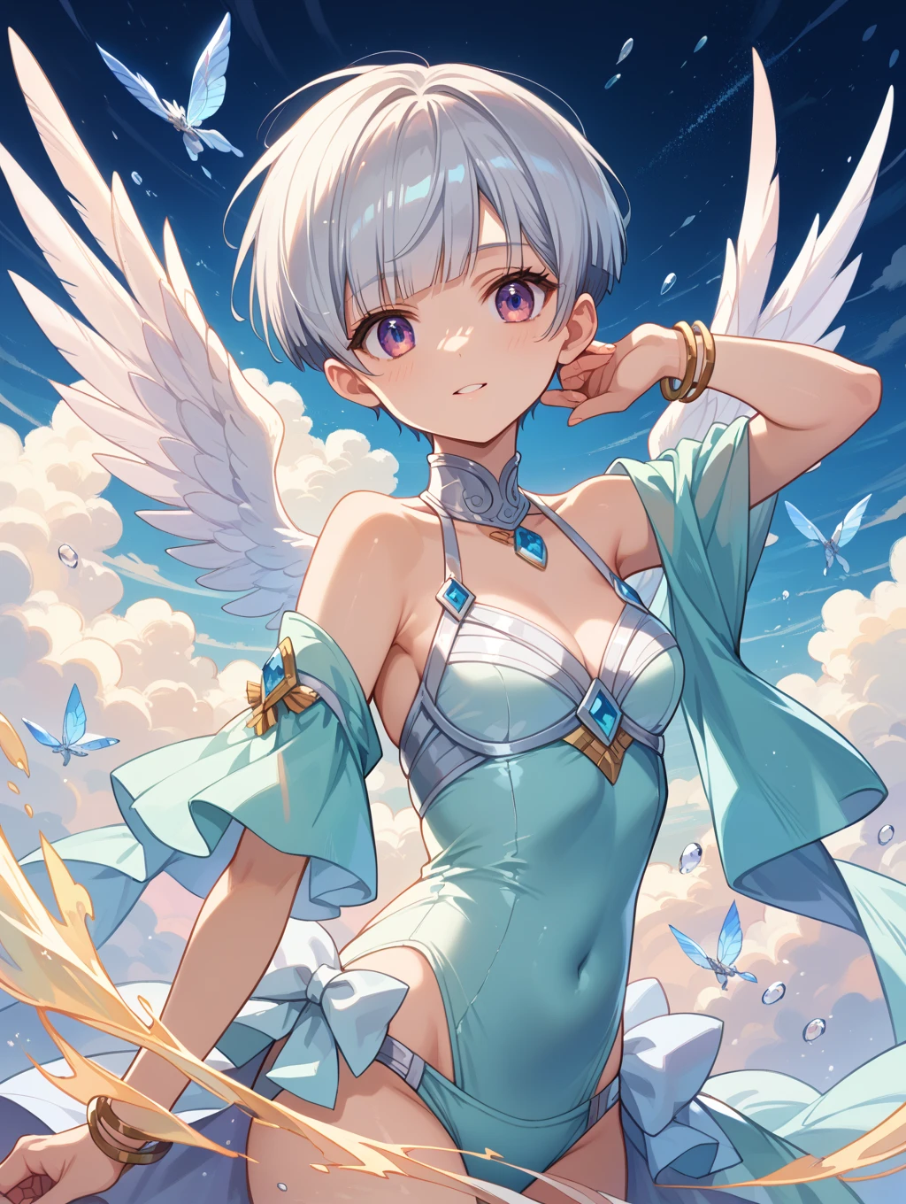 young girl　silver hair　white dress　　　short hair　big jewelryが付いたドレス　Dresses with large slits　dress that opens below the navel　　irreverent face　look down　thin body　thin thighs　small breasts　small ass　toned body　wrist bracelet　jewelry bracelet　tiara with jewels　sun　ripped abs　Skirt Dresses　blue sky　big cloud　slanted eyes　white skin　I can see your nipples　I can see your belly button　high quality　High resolution　8K waving in the wind　See-through　perfection　symmetrical　big jewelry　Beautiful 　red eyes　　angel ring　beautiful goddess　Two pairs of wings, wings on the back　white wings