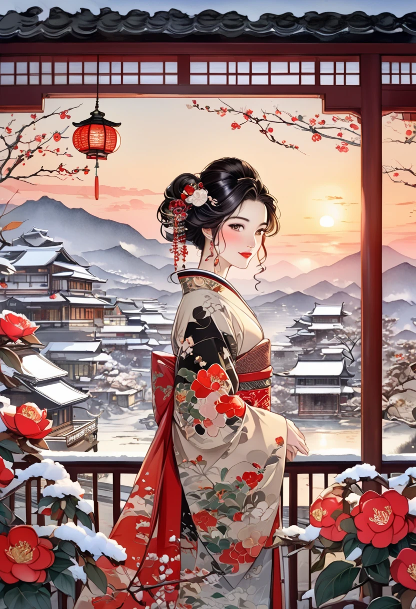  A fusion of ink painting and watercolor painting、A woman with a beautiful oriental face、shiny bright brown-black hair、Camellia Inn、At dusk、white snow scenes、 best quality、masterpiece、