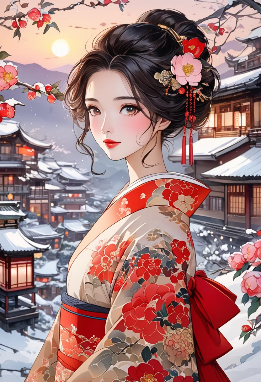  A fusion of ink painting and watercolor painting、A woman with a beautiful oriental face、shiny bright brown-black hair、Camellia Inn、At dusk、white snow scenes、 best quality、masterpiece、