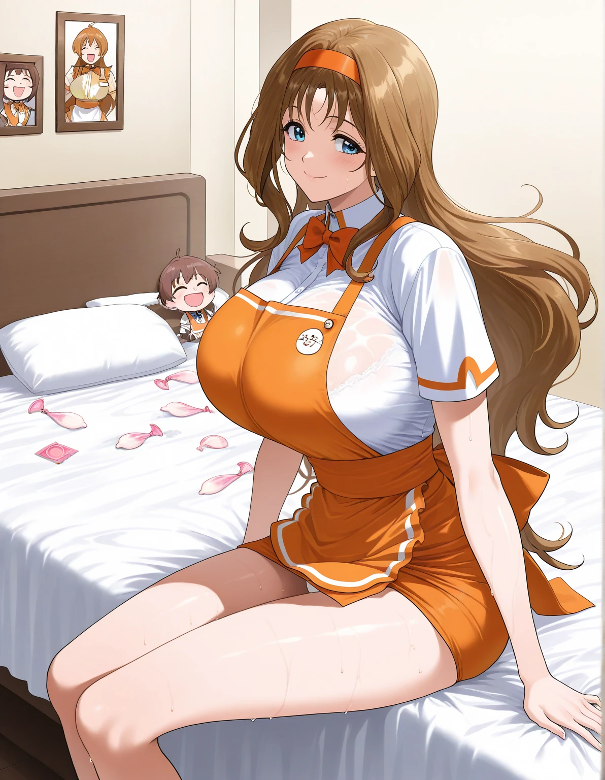 One person、 general , high definition,  ultra detail, Very Aesthetic, best quality  ,best hands,  break Kokubo_Reika _,  brown hair,  long hair,  blue eyes, huge breasts,  from the side 1 girl , Alone,  hair band,  waitress ,,  orange apron、 orange skirt、bow,  smiling face ,  Mouth closed、 looking over here、break, room,  happy ,( sitting on the edge of the bed 、 showing white panties )、 sweaty、There is a condom on the bed