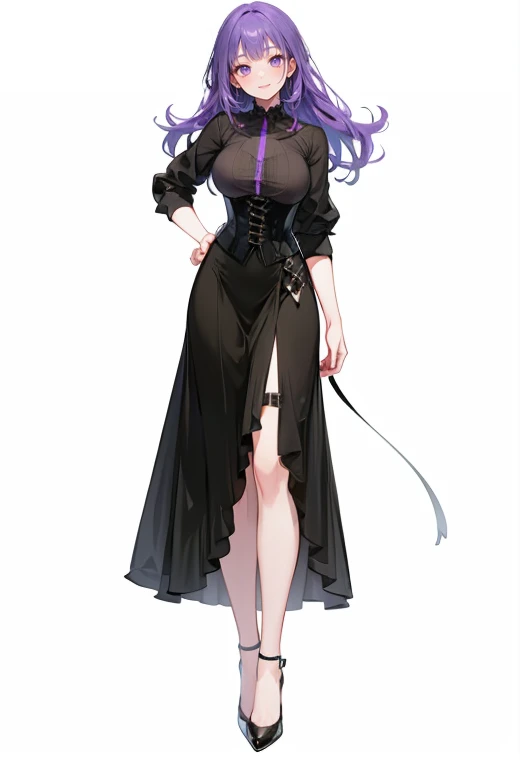 Purple hair,long hair,Adult female,(bartender),((Roll up your shirt sleeves)),(Rolling up the sleeves of his shirt),(corset),(skirt),(High heels),((Simple Background)),smile,((whole body)),((full body)),Character Sheet,