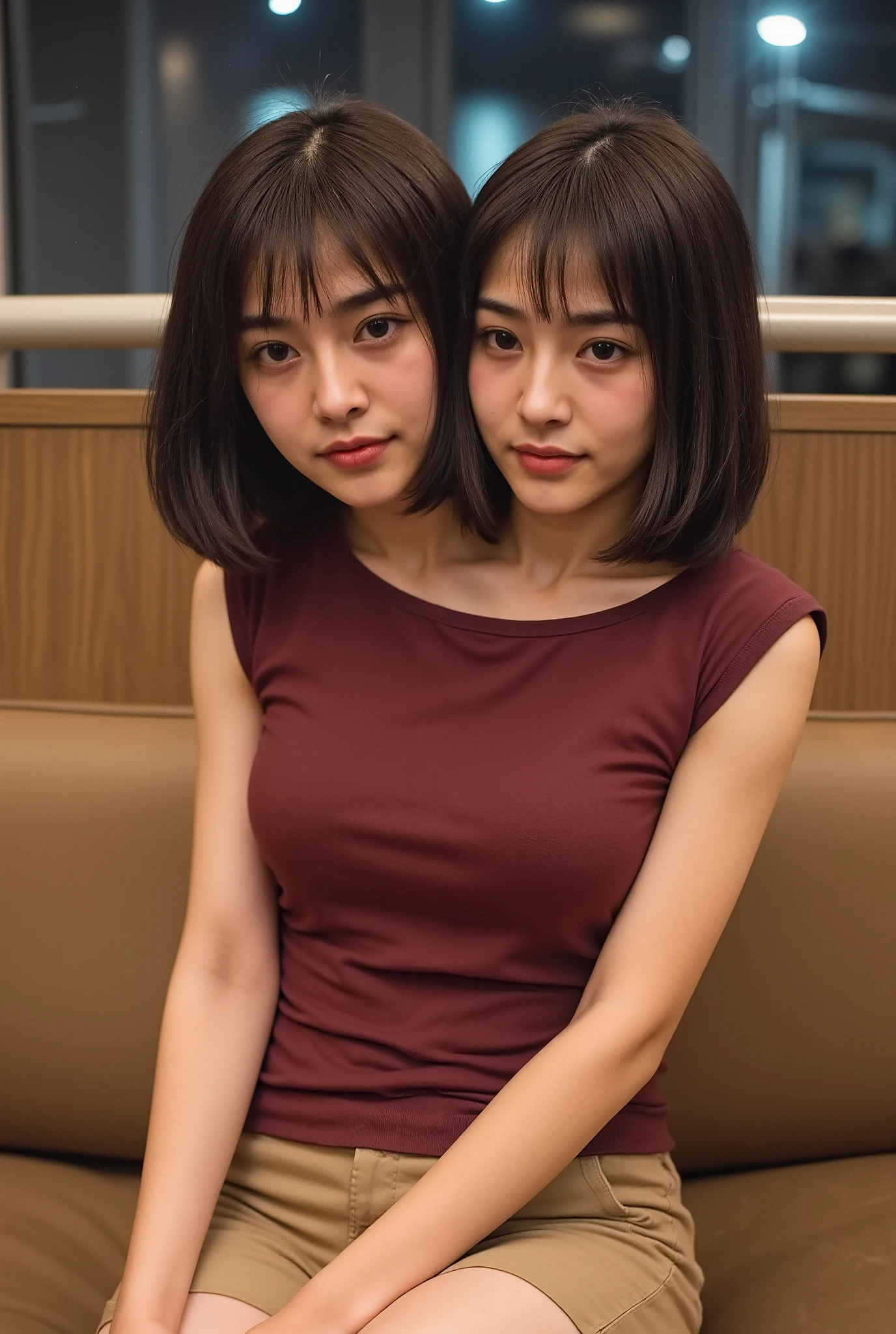 (two heads and two necks on the same shoulders). Conjoined woman with two heads., looking at the camera, 25 years old, model, long messy hair, dark-skinned asian woman, two headed japanese woman, button up top, sleveless, tan shorts, upper body, hotel lobby, nighttime, cinematic lighting, bloom lighting, field of view, bokkeh, dynamic pose, midriff,