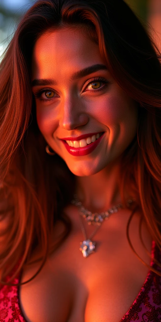 A close-up portrait of woman with vibrant brown hair, green eyes, captured in ultra-realistic 8K resolution using a Canon EOS R5 with a 50mm f/1.2 lens. Her face is sharply detailed, smiling, with smooth skin textures, defined facial features, and a piercing gaze that exudes confidence. Gopro hero photo, persian girl with big boobs wearing a bikini dancing at tomorrowland festival , direct flash photography style, night. raw energy. Her expression is sweet and alluring, her brown hair styled. Large expressive eyes. high-contrast, overexposed, flash photography effect, with deep shadows and strong highlights. 