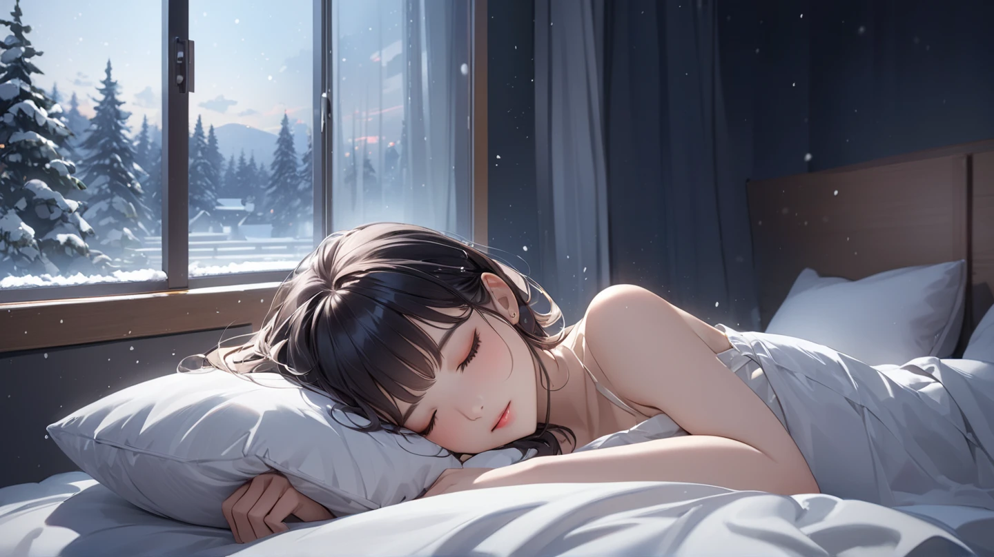 ((Top Quality)), ((Masterpiece)), ((Details), snowy window, snowy night, woman lying in bed, woman sleeping